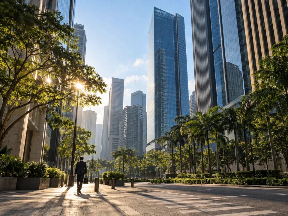 Torres de oficinas de Shenton Way en contrapicado con un peatón de espaldas, letras tokenizadas con blockchain en Singapur