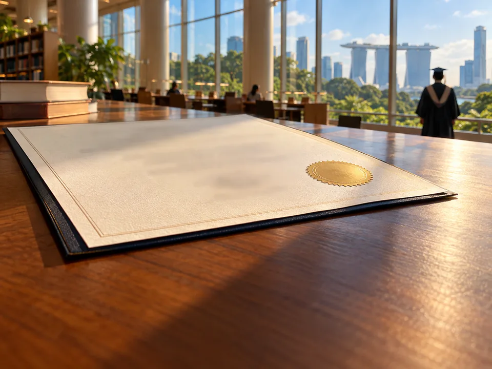 Título académico con sello en relieve sobre una mesa de biblioteca universitaria, títulos verificables con blockchain en Singapur