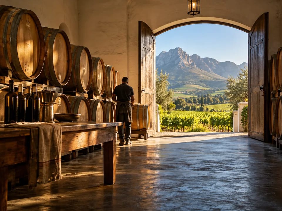 Barricas de roble en una bodega de Stellenbosch con viñedos y montañas al fondo, vino de origen certificado con blockchain en Sudáfrica