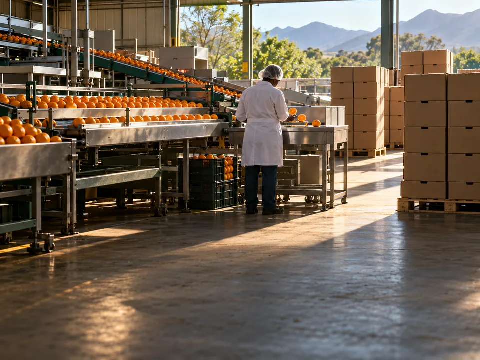 Palés de cajas de naranjas en una central de empaquetado con un inspector de espaldas, cítricos de exportación con blockchain en Sudáfrica