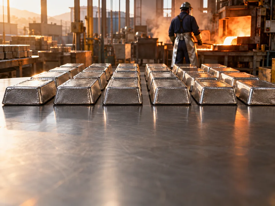 Lingotes de platino recién fundidos sobre una mesa de acero en una refinería, registro del platino con blockchain en Sudáfrica