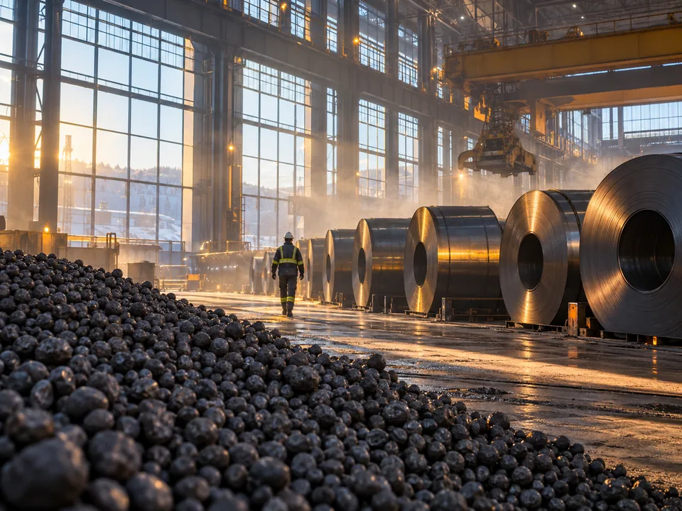 Iron ore pellets and steel coils at a steelworks in northern Sweden, fossil-free steel with blockchain in Sweden