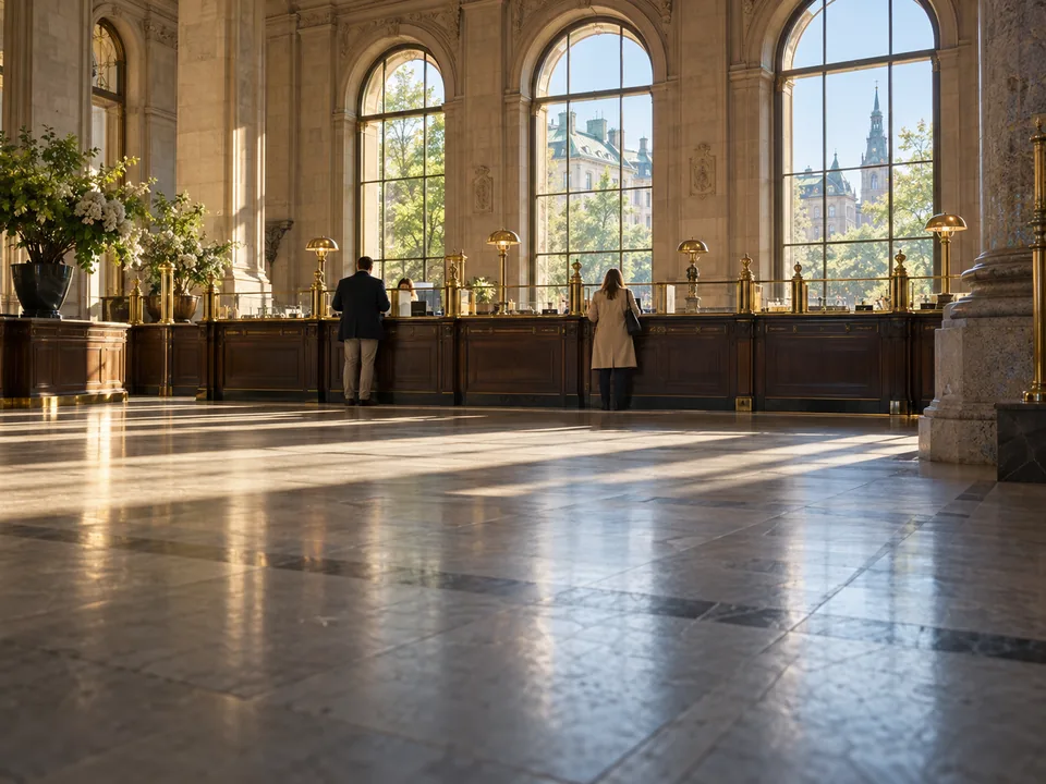Banking hall of a historic Stockholm bank with tall windows and customers seen from behind at the counter, tokenized deposits with blockchain in Sweden