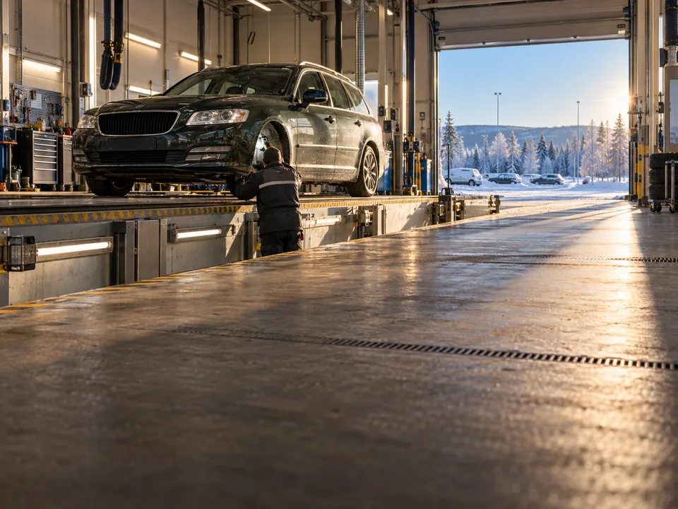 Used car over the pit of a Swedish vehicle inspection station with an inspector seen from behind, used car mileage with blockchain in Sweden