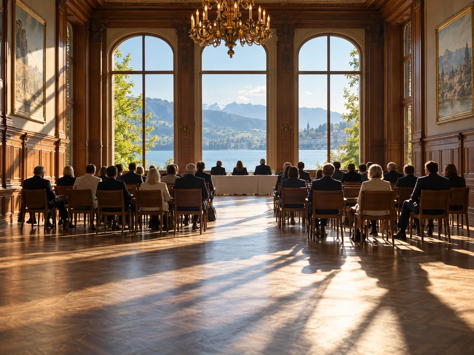 Shareholders seen from behind at a company general meeting in a wood-panelled room in Zug, shares as ledger-based securities with blockchain in Switzerland