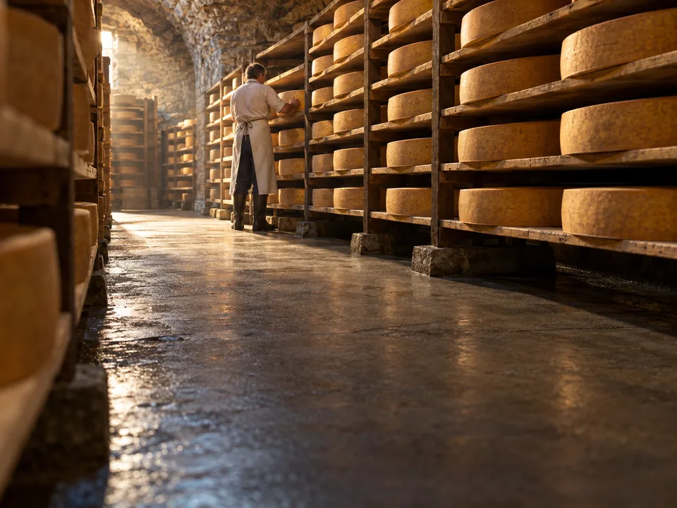 Ruedas de queso Gruyère sobre tablas de abeto en una cava de maduración con un quesero de espaldas, trazabilidad del Gruyère AOP con blockchain en Suiza