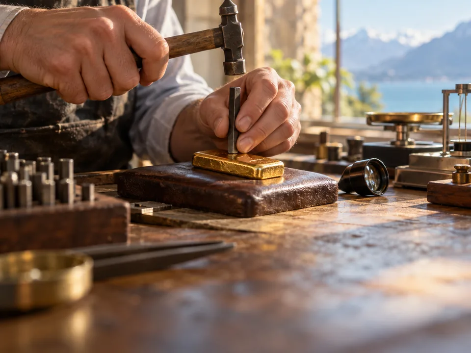 Ensayador marcando con punzón un lingote de oro en un banco de trabajo de una oficina de control de metales preciosos suiza, trazabilidad de lingotes de metal precioso con blockchain en Suiza