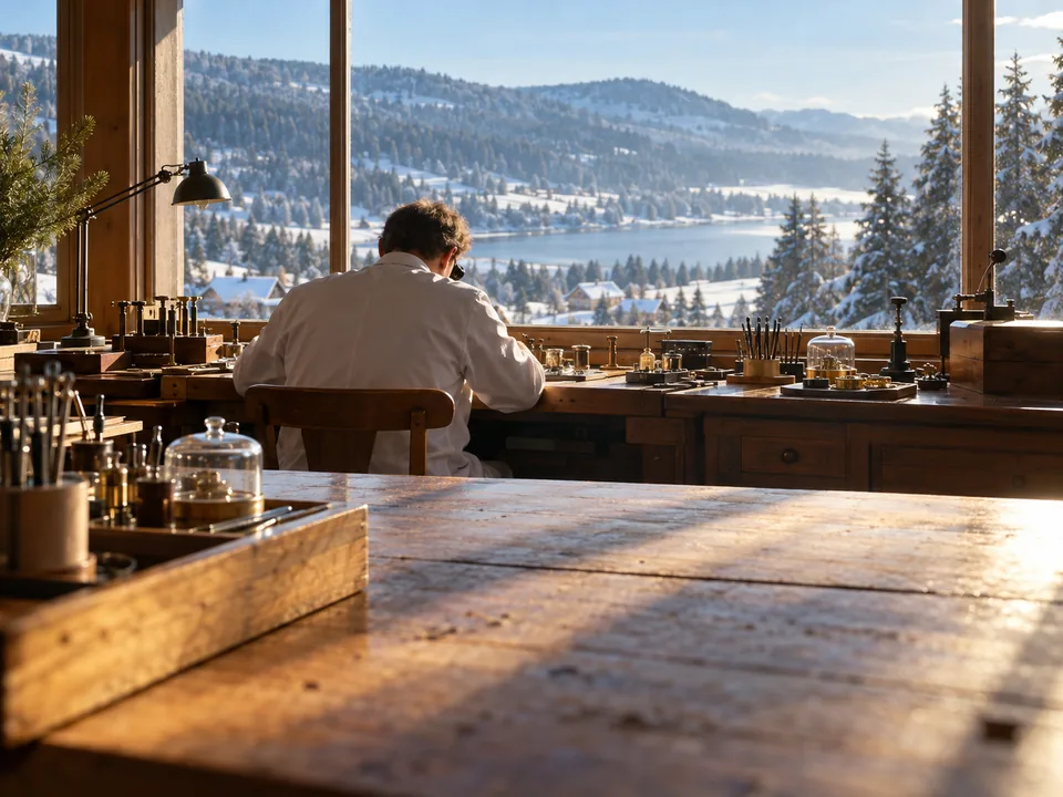 Relojero de espaldas en su banco de trabajo junto a un ventanal en el Valle de Joux, con un movimiento abierto, origen de relojes Swiss made con blockchain en Suiza