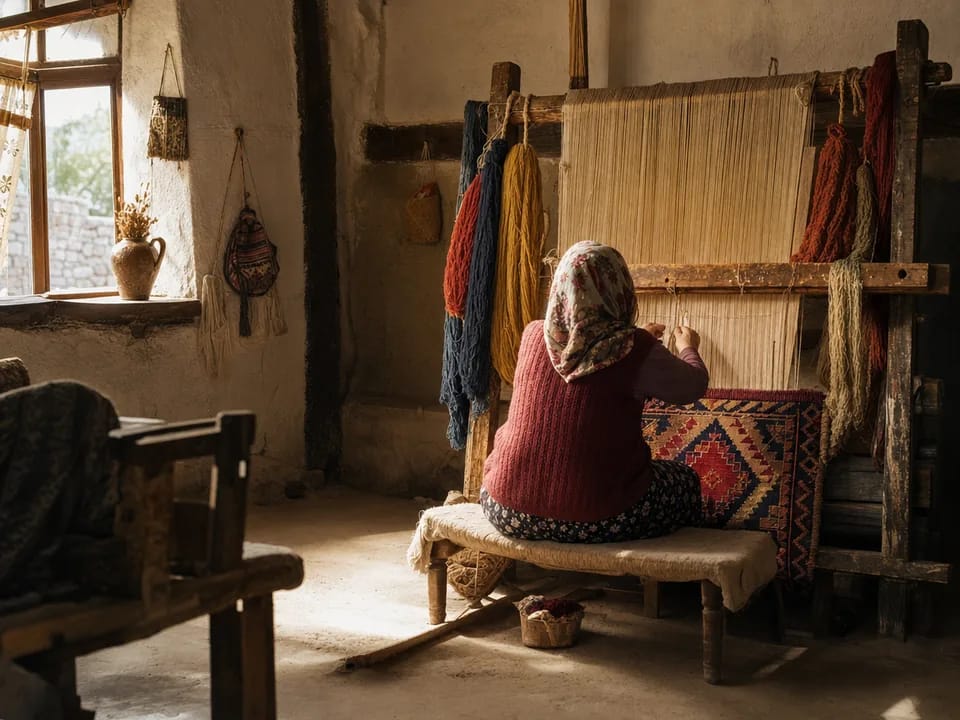 Weaver seen from behind knotting a wool carpet with geometric motifs on a wooden upright loom in Döşemealtı, handmade carpet origin with blockchain in Turkey