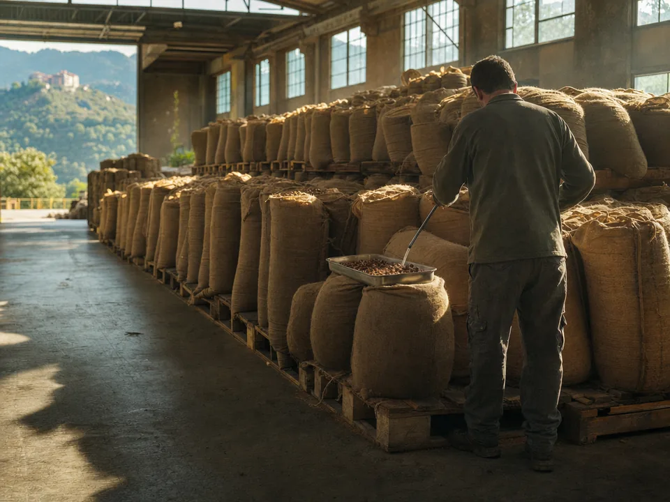 Jute sacks of hazelnuts stacked in a Giresun warehouse with a worker seen from behind taking a sample, hazelnut traceability with blockchain in Turkey