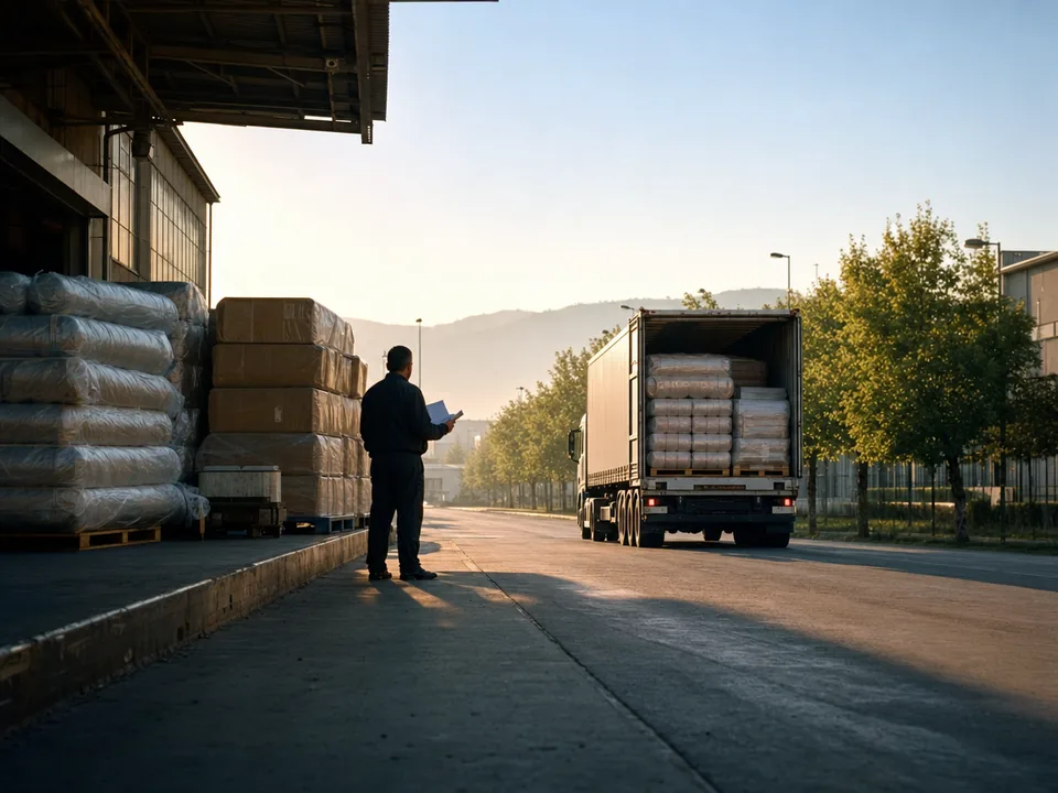 Loaded lorry leaving the dock of a textile factory in an industrial zone near Bursa at dawn, shipment traceability with blockchain in Turkey