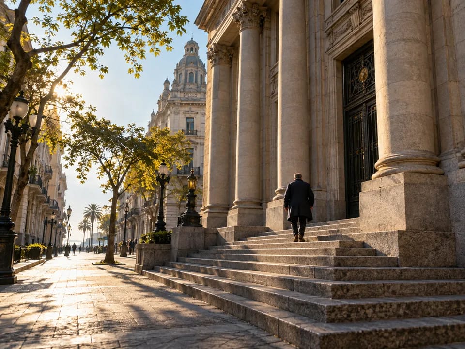 Fachada de piedra de un edificio bancario histórico en la Ciudad Vieja de Montevideo, valores escriturales en DLT con blockchain en Uruguay
