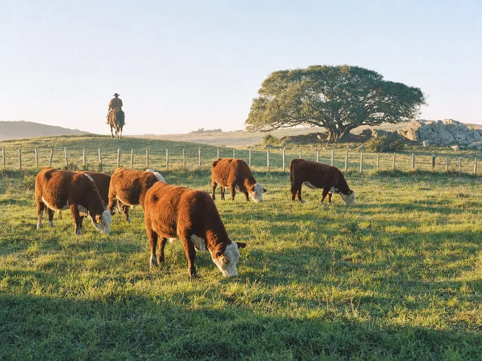 Novillos Hereford con caravanas amarillas en las orejas pastando en una pradera ondulada de Uruguay, carne con trazabilidad individual y blockchain en Uruguay