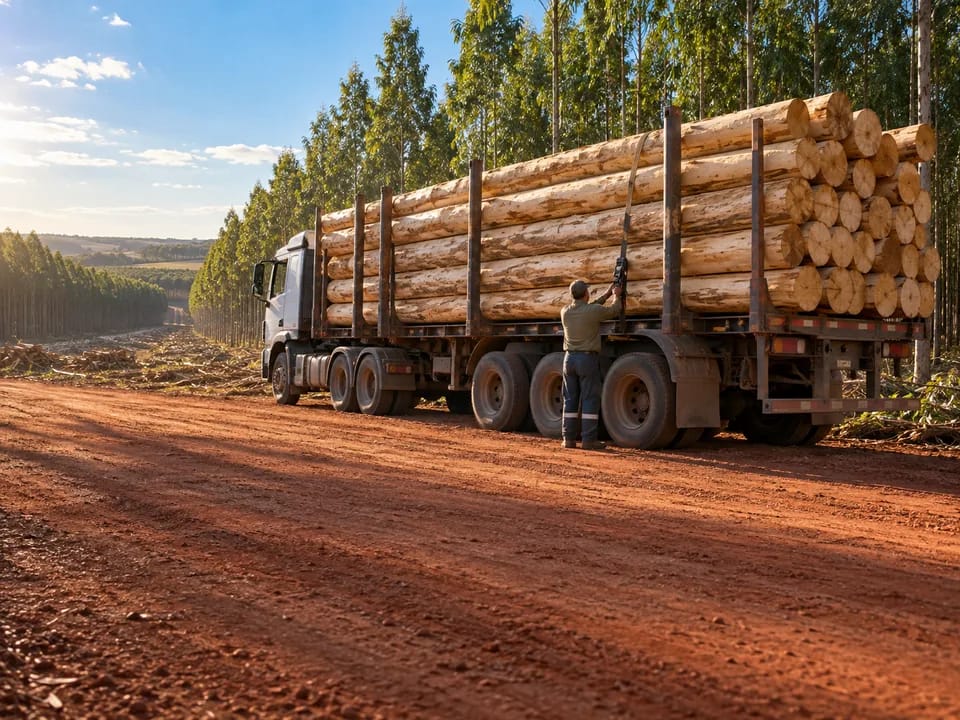 Camión cargado de troncos de eucalipto en un camino de tierra junto a una plantación forestal de Uruguay, madera para celulosa con blockchain en Uruguay