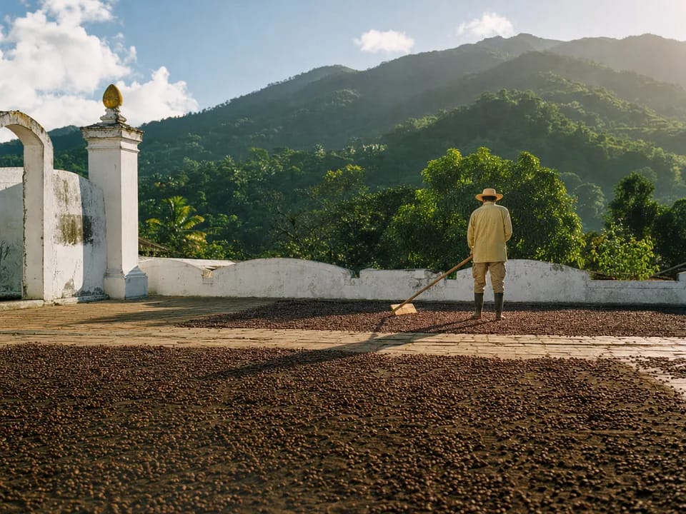Cocoa beans drying in the sun on the courtyard of an estate on the Venezuelan coast, fine flavour cocoa with blockchain in Venezuela