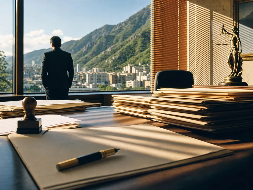 Case files in folders and a rubber stamp on a desk in a Caracas office, counterparty checks with blockchain in Venezuela