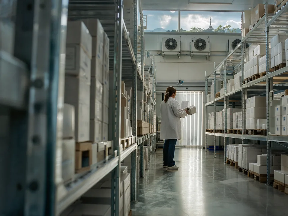 Boxes of medicine vials on the shelves of a refrigerated pharmaceutical warehouse, verifiable medicine batches with blockchain in Venezuela