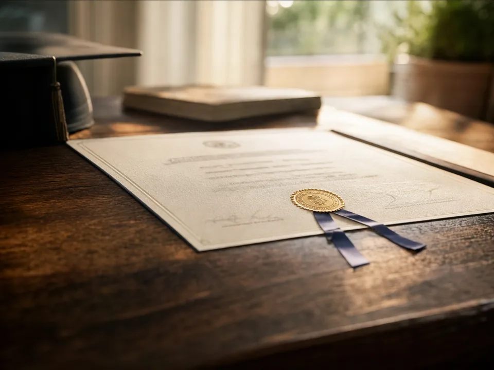 University degree certificate with an embossed seal on a wooden desk, in shallow focus, verifiable university degrees with blockchain in Venezuela