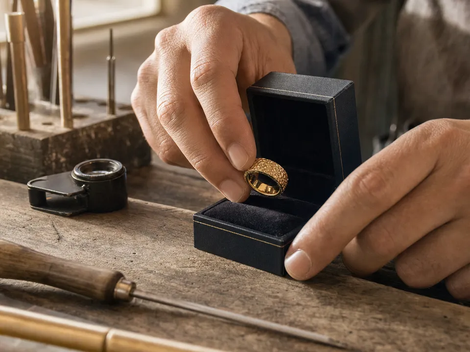 Jeweller's hands boxing a gold ring, a certificate of authenticity in a wallet