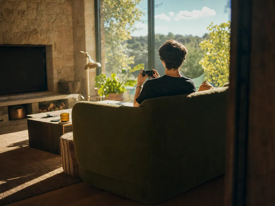 Player holding a controller on a sofa in backlight, a wallet built into a game