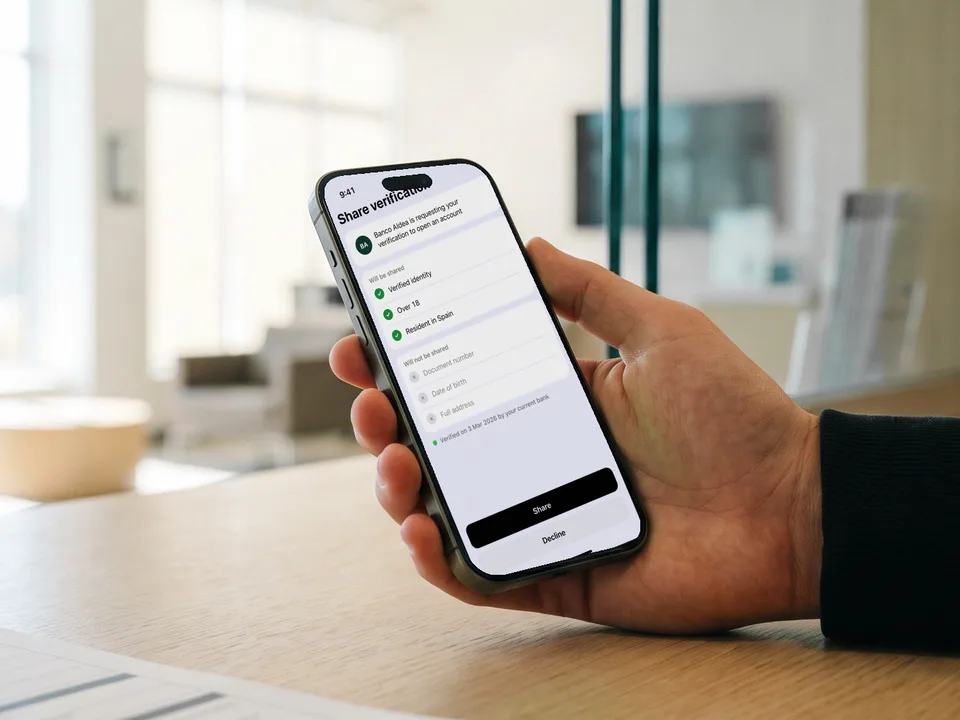 Phone at a bank asking to share only the required verification, reusable KYC with digital identity