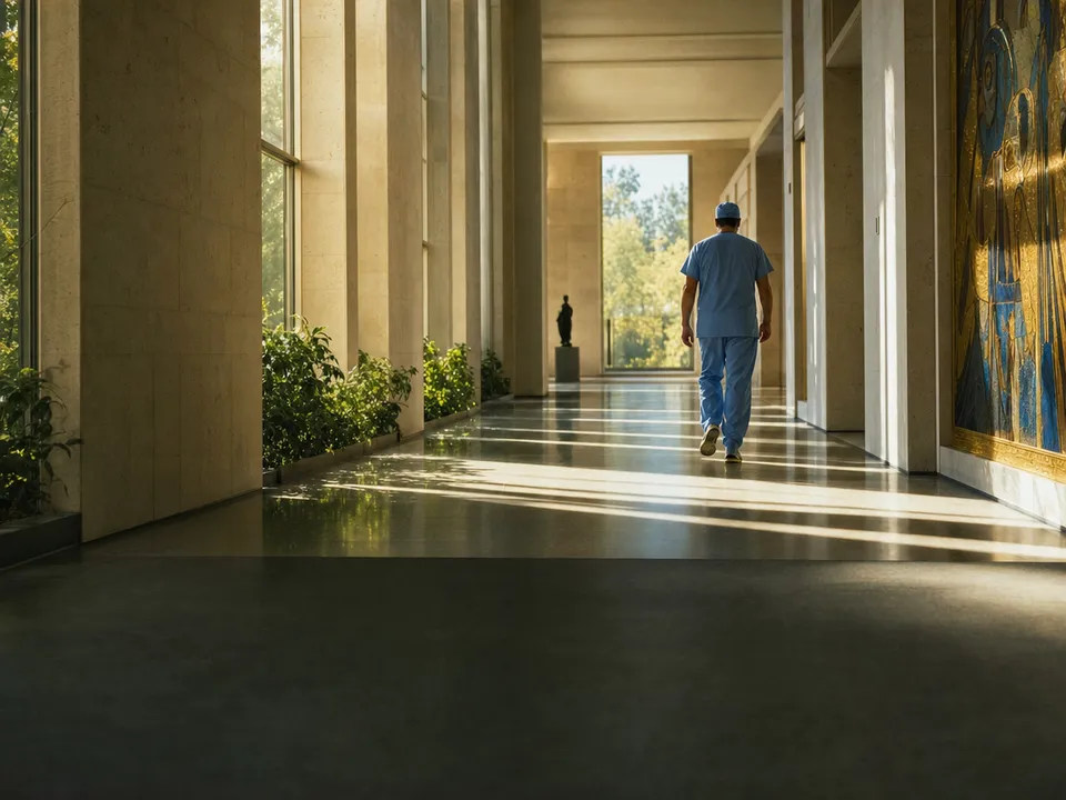 Un profesional sanitario camina por un pasillo de hospital con luz lateral, credenciales sanitarias con identidad digital