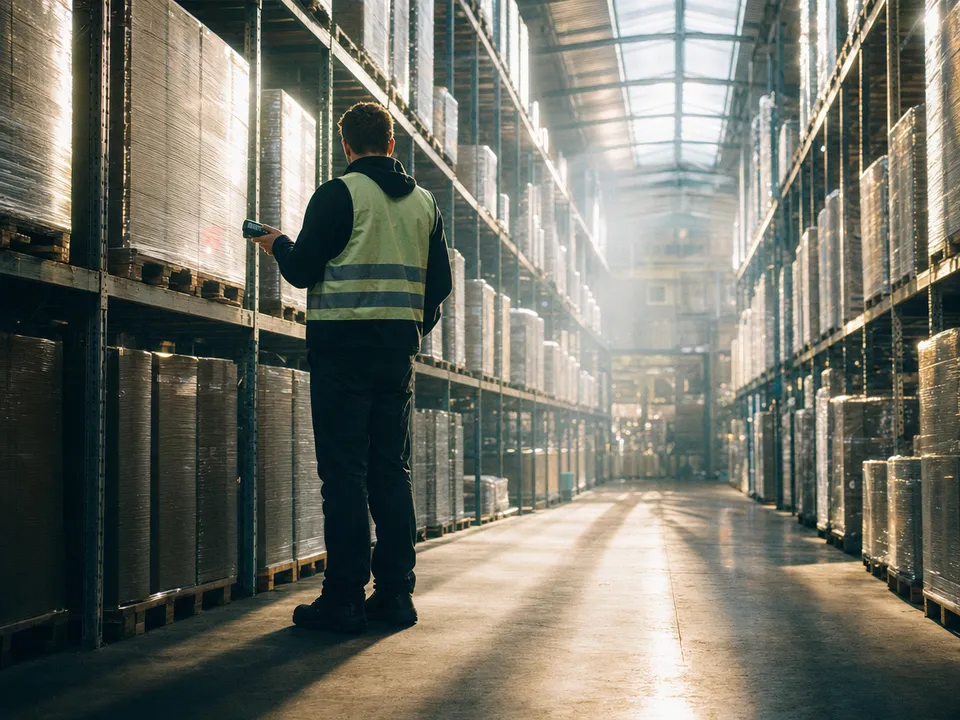 Worker scanning a pallet in a warehouse, batch events flowing to the ERP via blockchain infrastructure