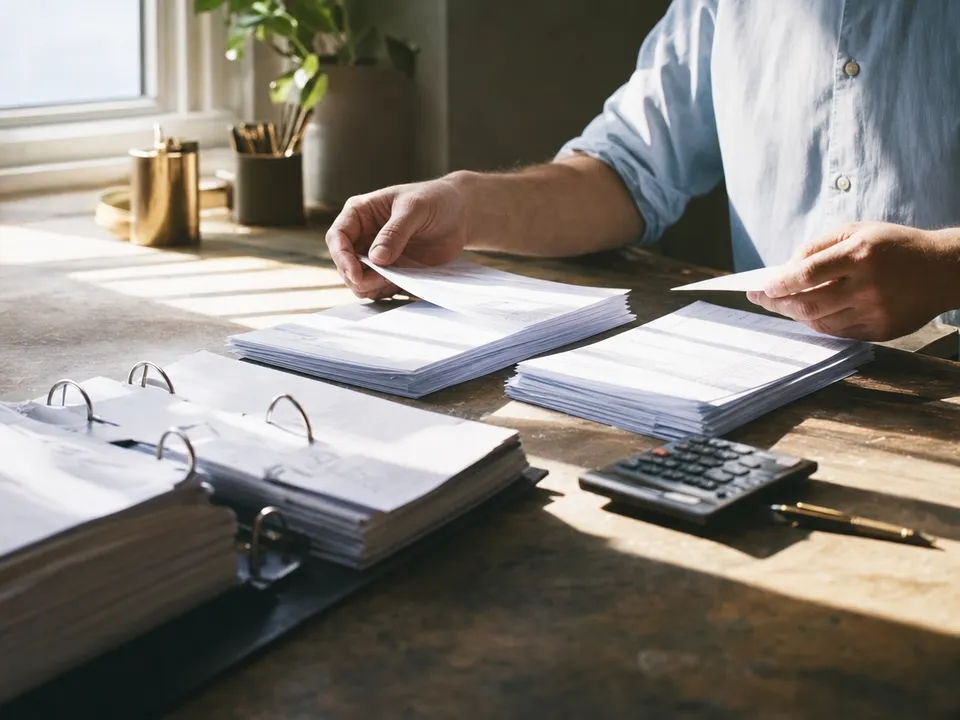Accountant's hands sorting invoices on a desk, reconciliation on blockchain infrastructure