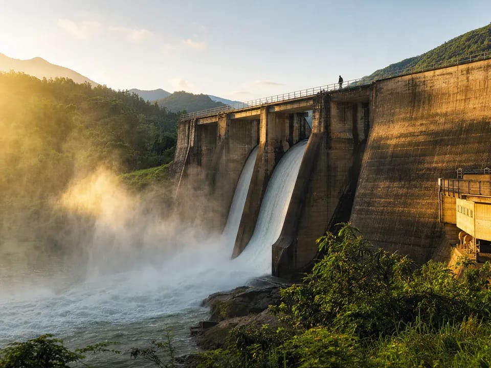 Hydroelectric dam spillway in mist, certificates of origin on blockchain infrastructure