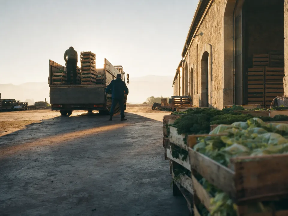 Carga de cajas de cosecha en una cooperativa al amanecer, trazabilidad de lotes en un MVP blockchain