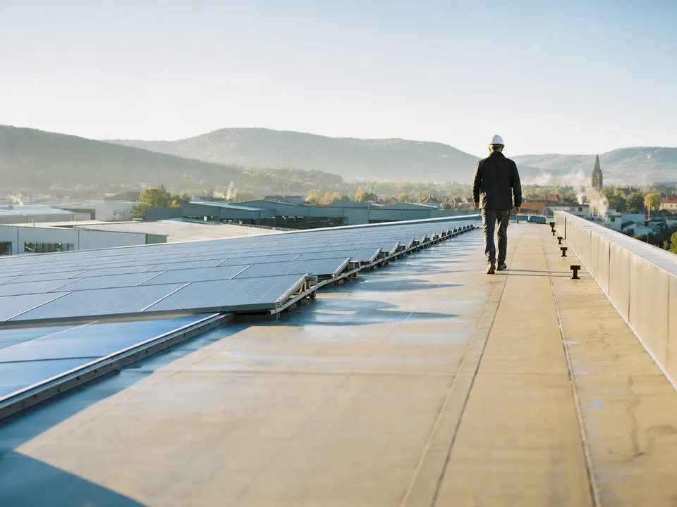 Técnico entre placas solares en la cubierta de una fábrica, garantías de origen en un MVP blockchain