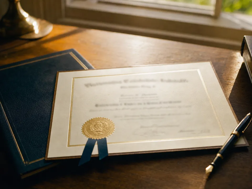Título universitario con su sello sobre una mesa, credencial académica verificable en un MVP blockchain