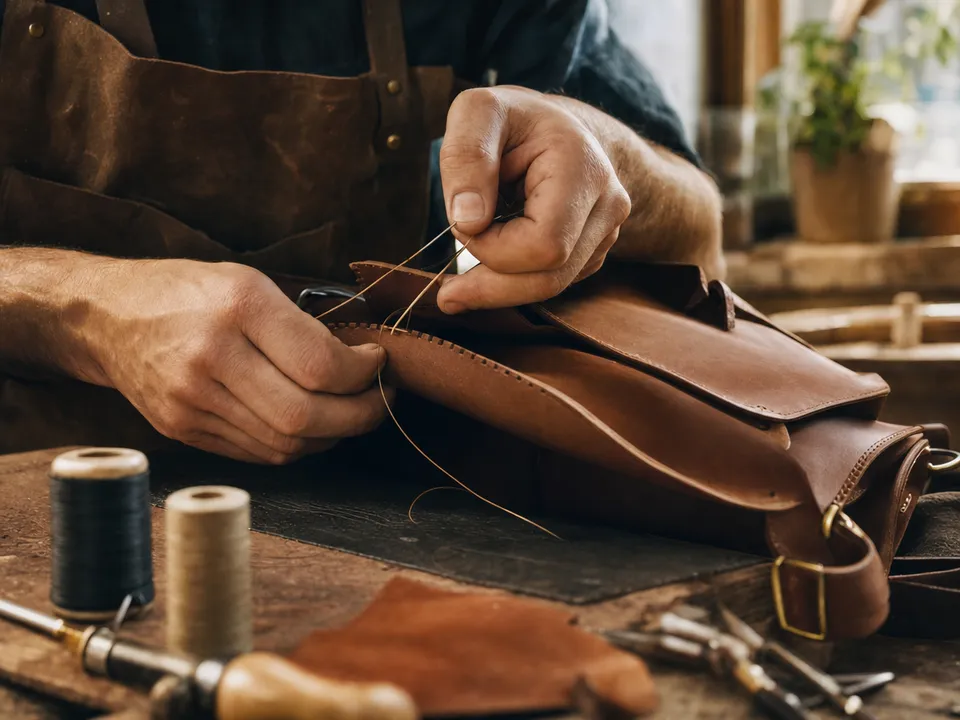 Artisan's hands stitching a leather bag, a warranty of authenticity as NFT