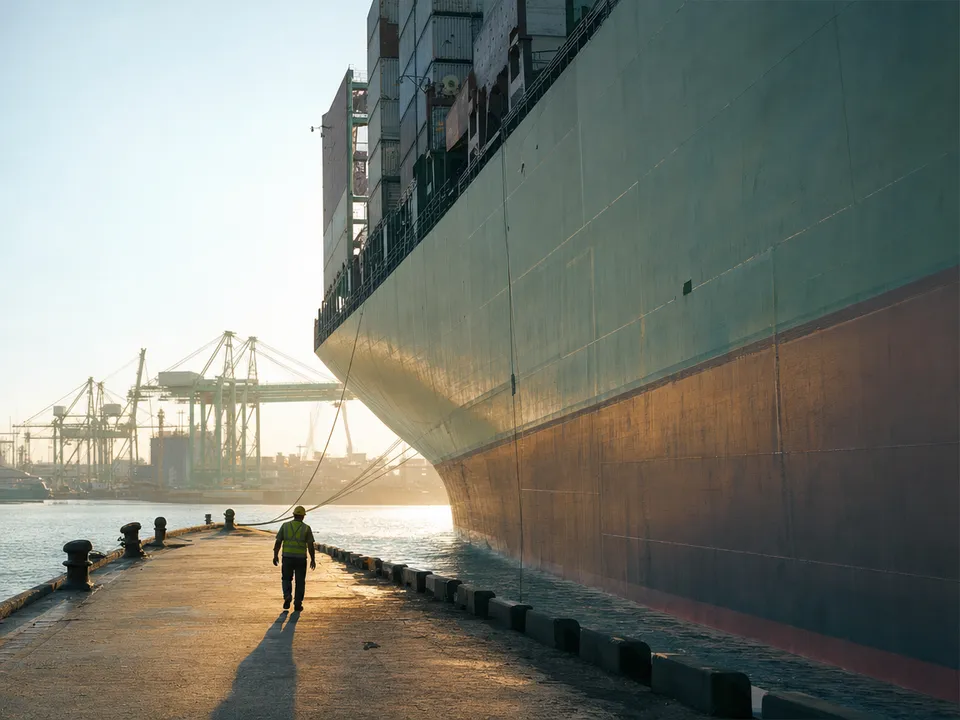 Dock worker at the foot of a container ship, stablecoin payments to international suppliers