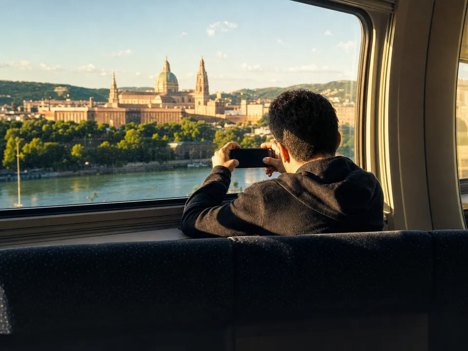 Commuter holding a phone by a train window, in-game micropayments with stablecoins