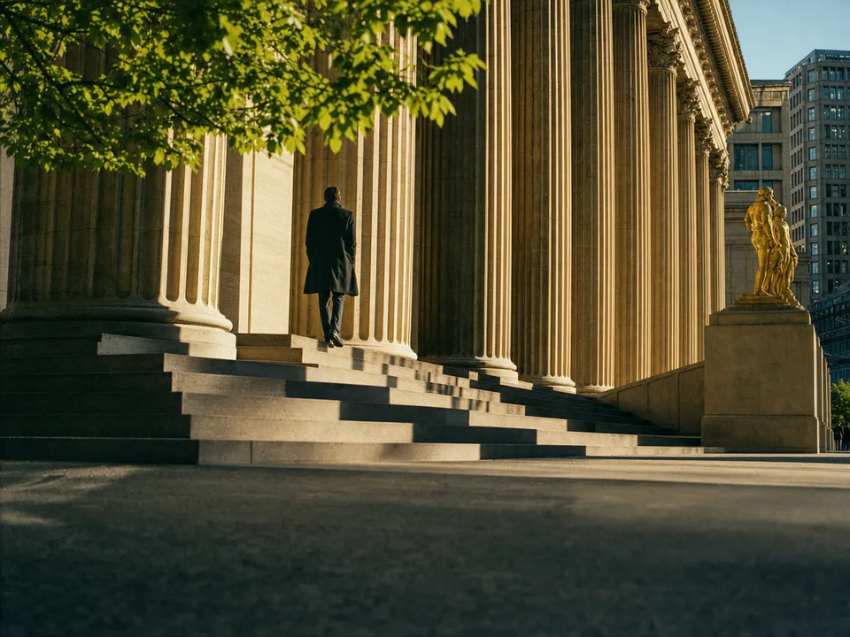 Person in a coat passing the columns of a financial building, bonds as security tokens