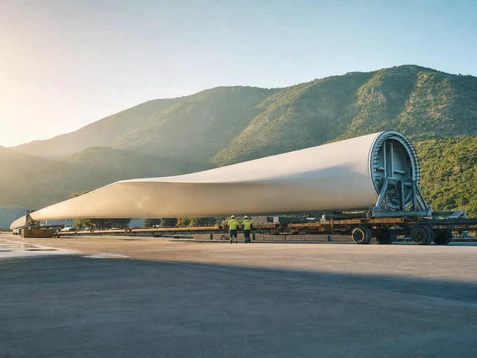 Wind turbine blade in a factory yard, renewable financing with security tokens