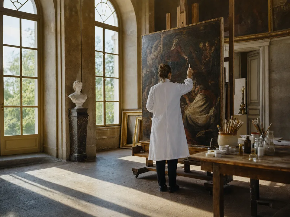 A person restoring an oil painting in a conservation studio, rights in artworks as security tokens