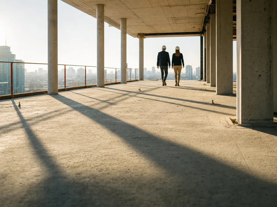 Two people in hard hats walking a building site, milestone payments with smart contracts