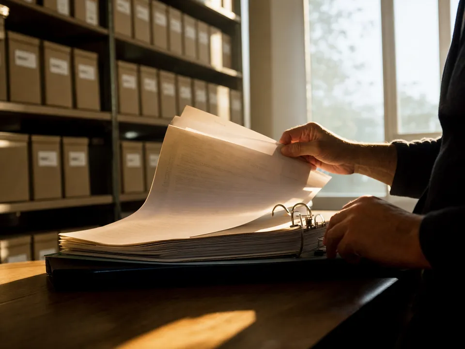 Un auditor revisa un archivador de evidencias, registros trazables con smart contracts