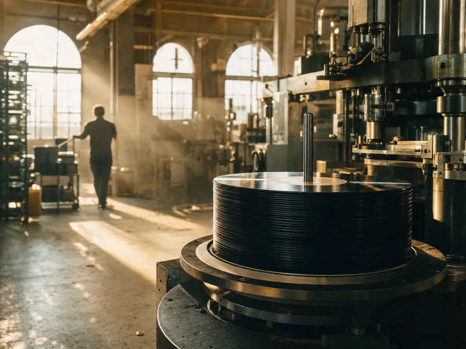 Freshly pressed records at a vinyl plant, royalty splits with smart contracts