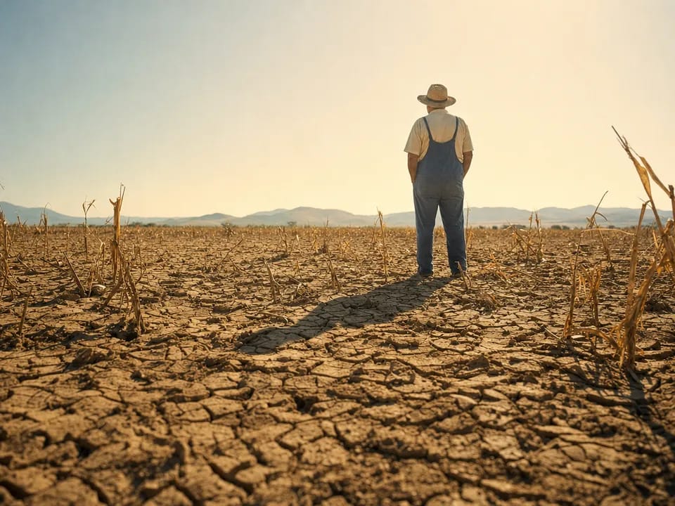Farmer facing a field cracked by drought, a parametric insurance case with smart contracts