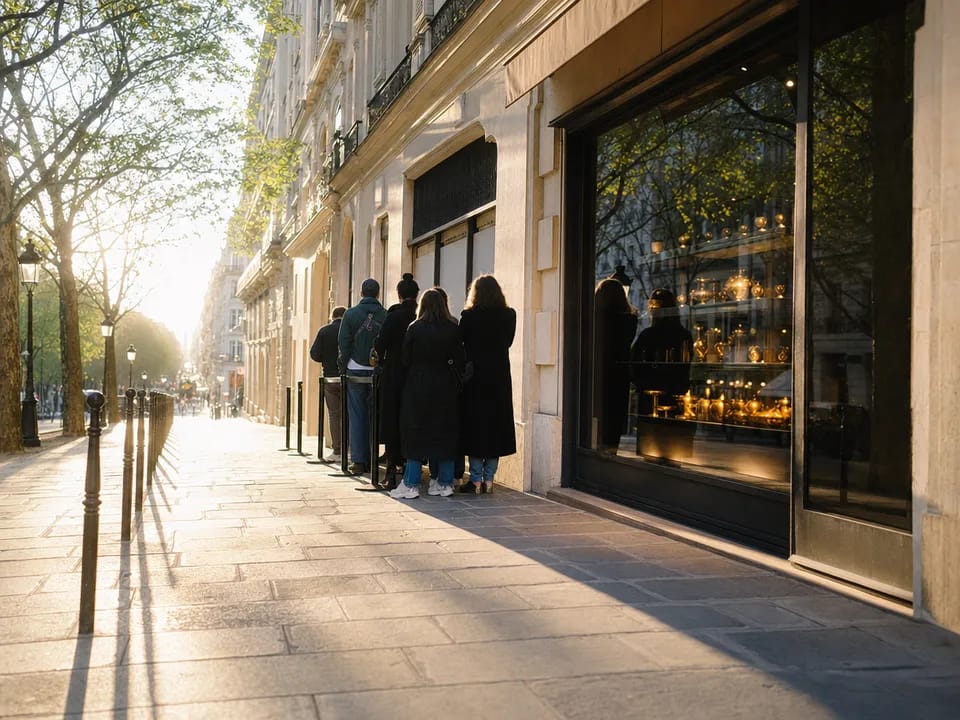 Customers waiting outside a boutique at dawn, a presale reserved through token gating