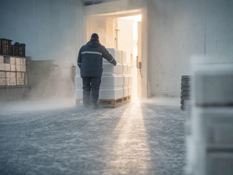 Worker moving insulated boxes in a cold room, medicines with blockchain traceability
