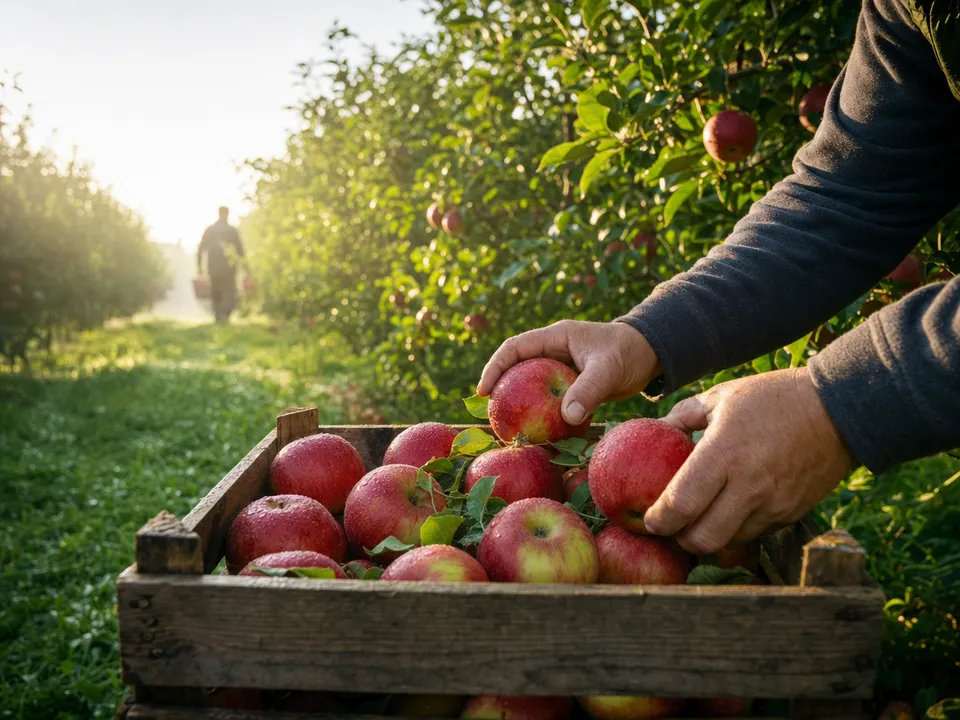 Hands picking apples into an orchard crate, food origin with blockchain traceability