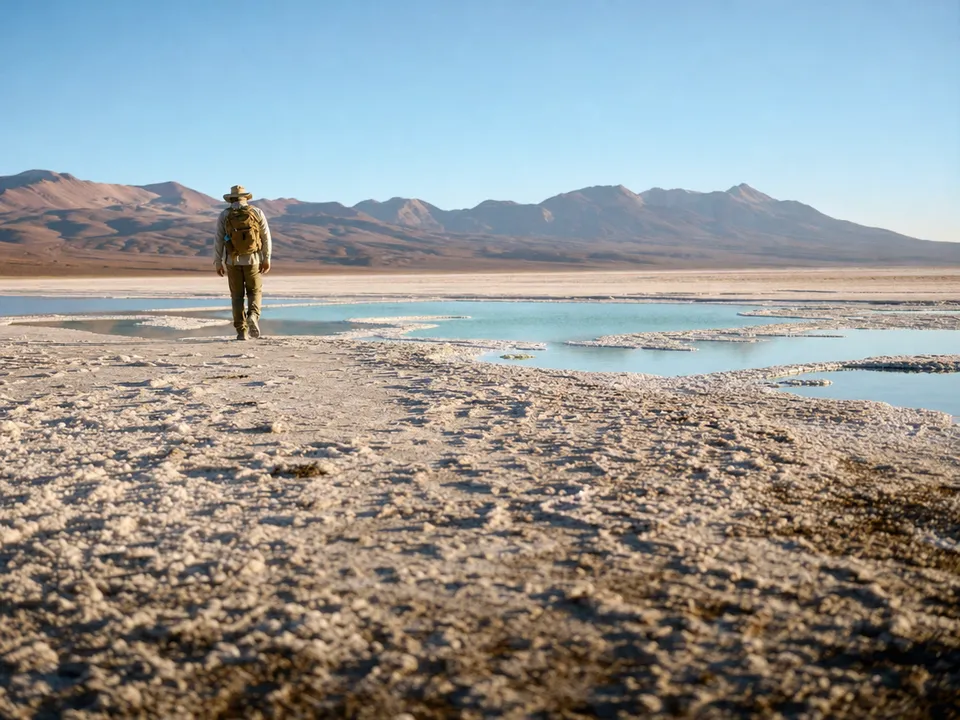A person with a backpack crossing a salt flat towards brine pools, raw materials with blockchain traceability