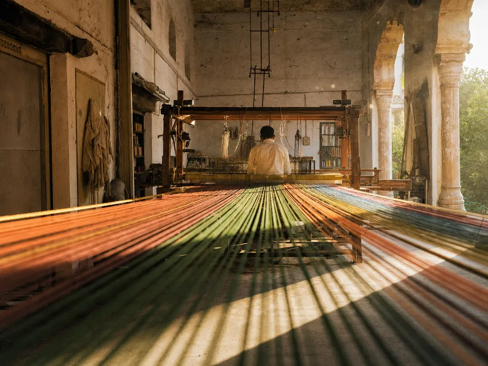 Loom with coloured threads in a textile mill, a product passport with blockchain traceability