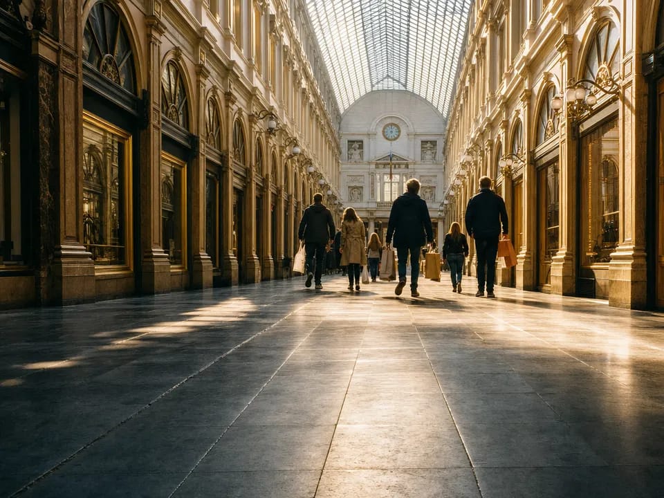 Compradores con bolsas en una galería comercial cubierta, fidelización entre marcas con un utility token