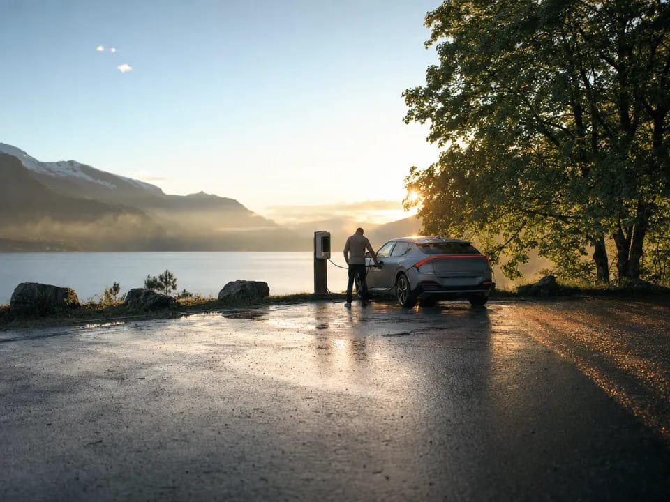 Persona conecta un coche eléctrico al amanecer, créditos de recarga como utility token