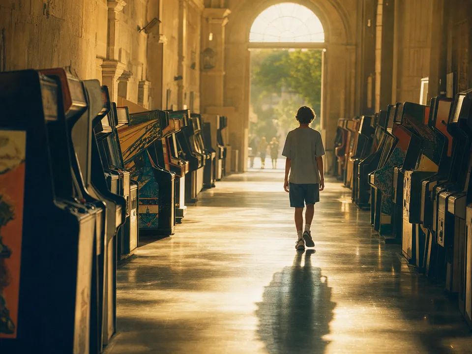 Joven entre máquinas de una sala recreativa, moneda de juego como utility token